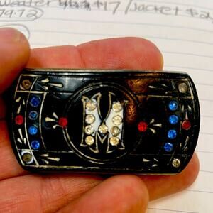 Mid-Century Brass, Bakelite & Swarovski “M” Belt Buckle – 1" x 2"